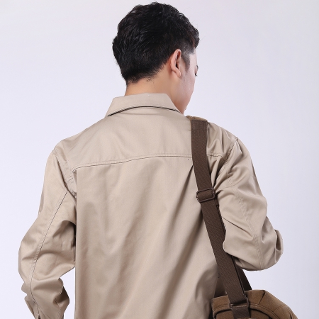 駝色配深藍(lán)滌棉紗卡塑膠跑道工廠工作服AC073-WJ